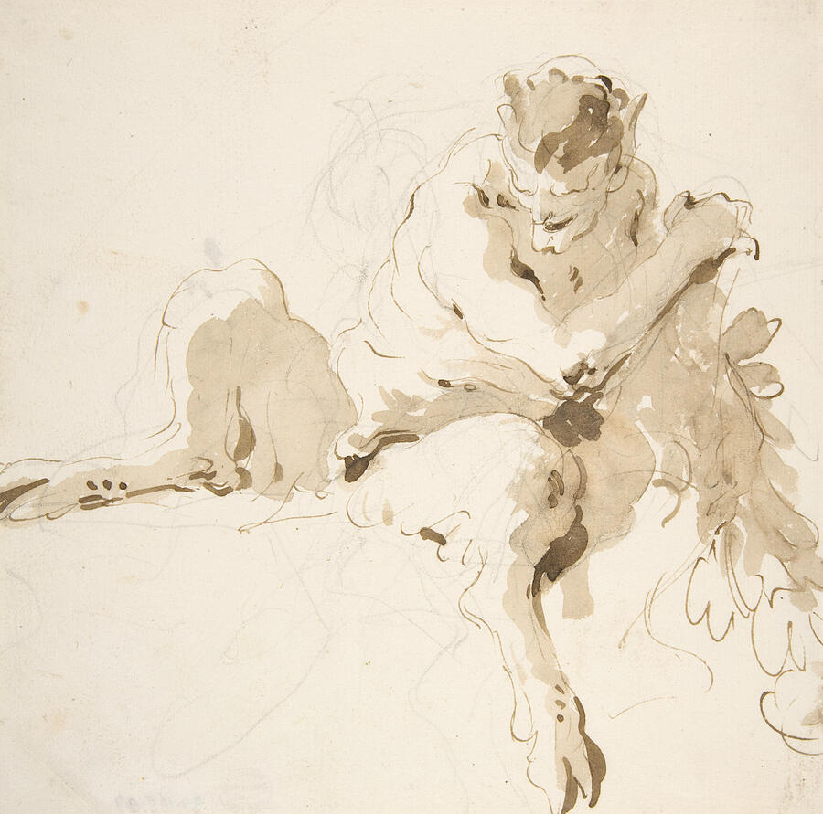 Seated Satyr Holding a Garland #2 Drawing by Giovanni Battista Tiepolo