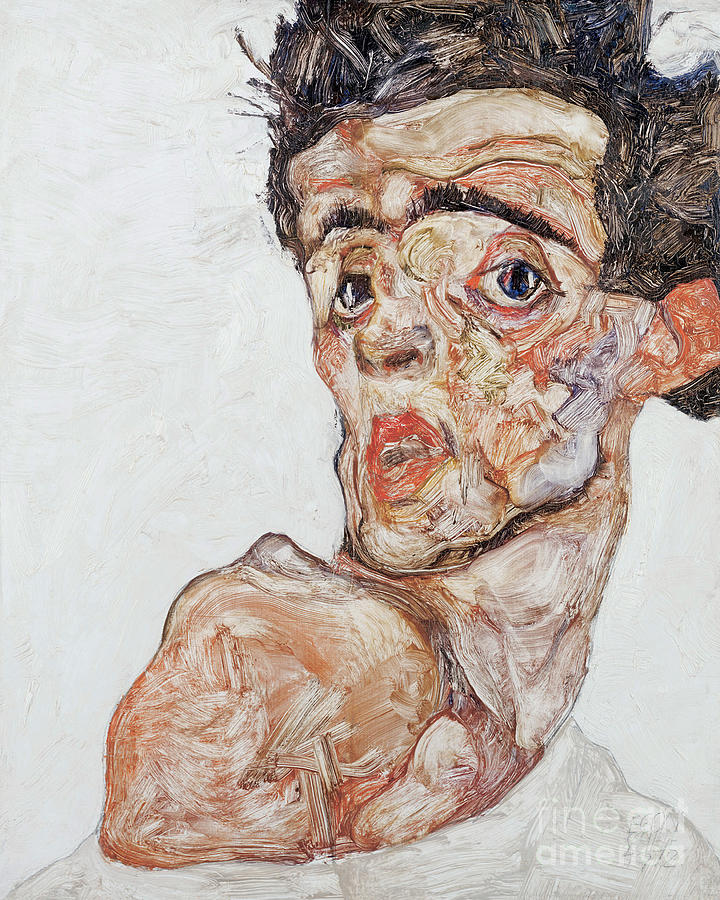 Self-Portrait with Raised Bare Shoulder, 1912 Painting by Egon Schiele