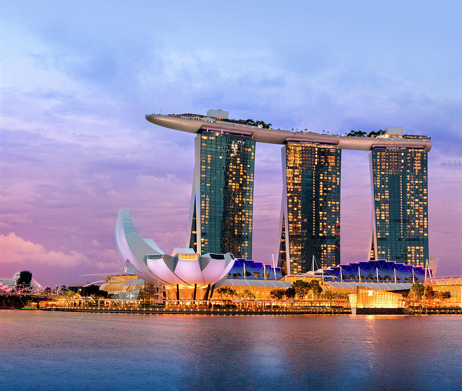 Singapore, Singapore City, Marina Bay, Seafront Promenade In The Evening And Night Lights. City Center And Financial Center. Marina Bay Sands Hotel #2 Digital Art by Paolo Giocoso