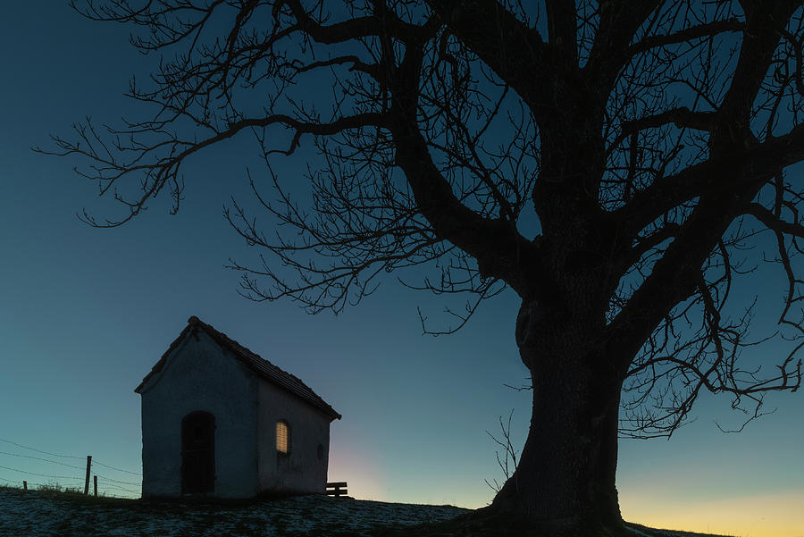 Small Chapel Next To A Large Tree In Backlight In The Evening. Seehausen, Starberger See, Bavaria, Germany #2 Photograph by Christoph Olesinski