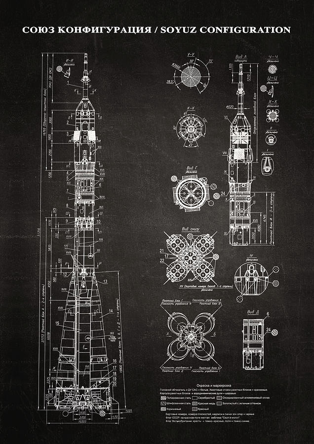 Soyuz Blueprint in High Resolution - black Drawing by Ryan Steven ...