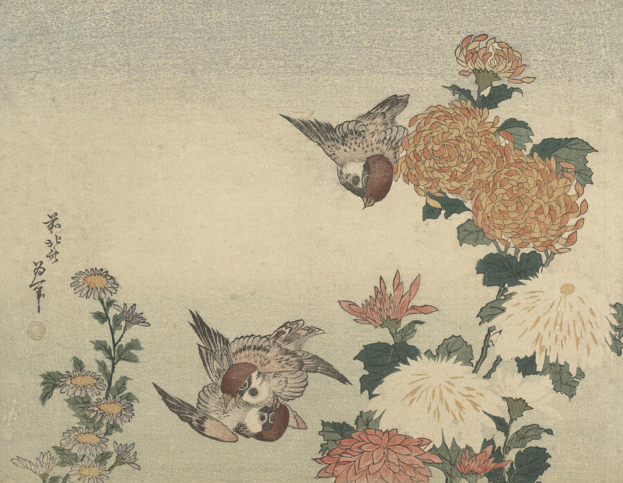Sparrows and Chrysanthemums, from circa 1825 Relief by Katsushika Hokusai