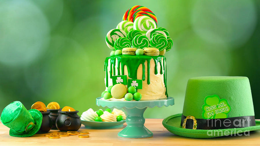 St Patricks Day theme lollipop candy land drip cake. #2 Photograph by Milleflore Images