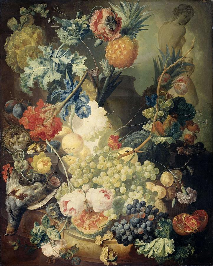 Still Life with Flowers, Fruit and Birds. #2 Painting by Jan van Os