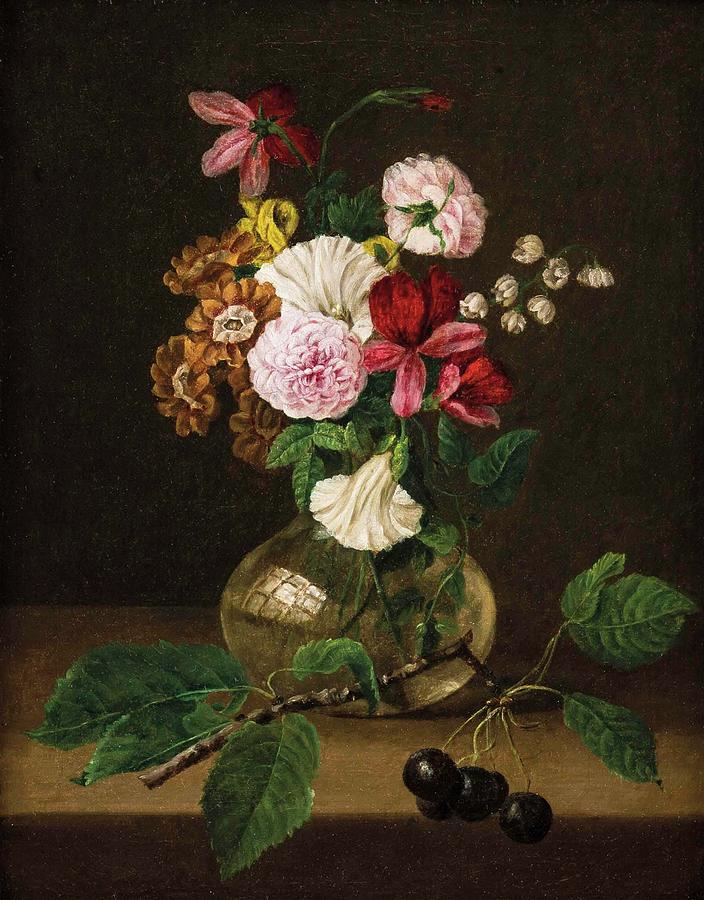 Still life with flowers in a glass vase and cherry twig #2 Painting by Franz Xaver