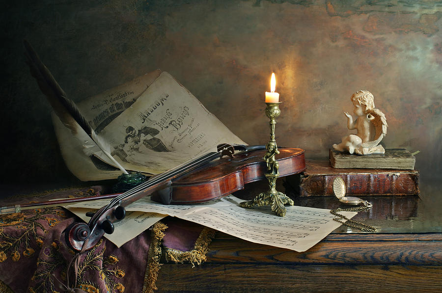 Music Photograph - Still Life With Violin And Candle #2 by Andrey Morozov