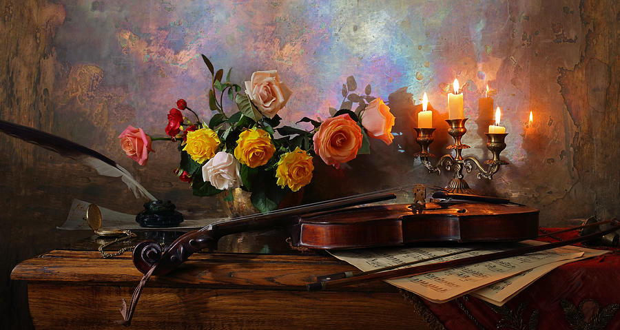 Flowers Photograph - Still Life With Violin And Flowers by Andrey Morozov