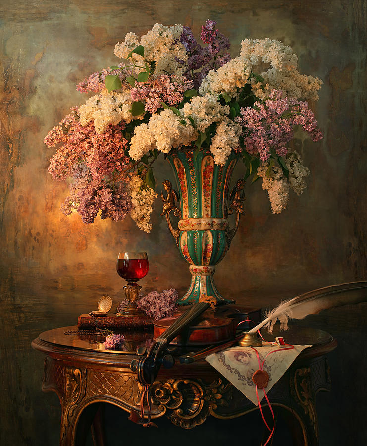 Still Life With Violin And Lilac Flowers #2 Photograph by Andrey Morozov