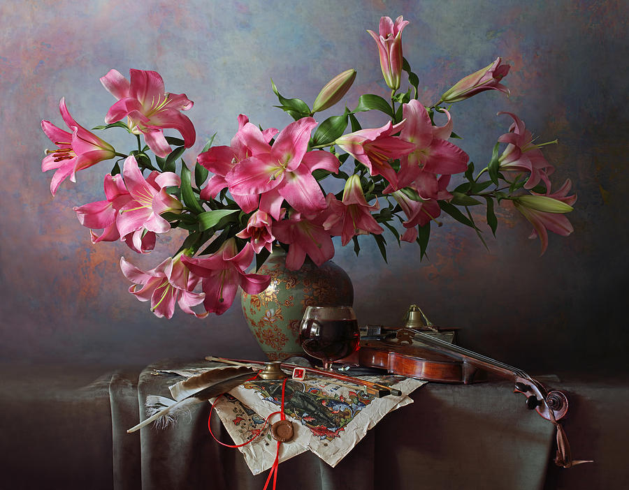 Flower Photograph - Still Life With Violin And Lilies #2 by Andrey Morozov