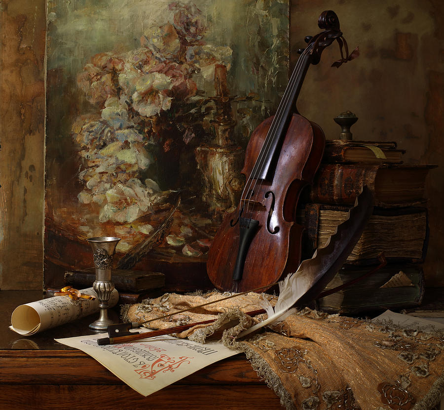 Music Photograph - Still Life With Violin And Painting by Andrey Morozov