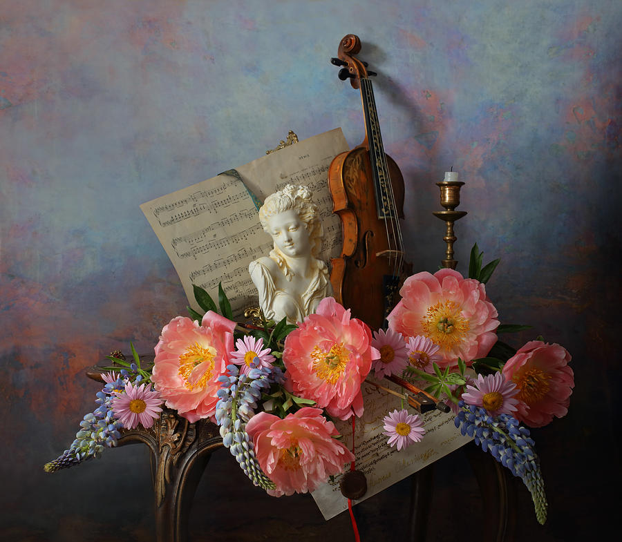 Still Life With Violin And Peonies #2 Photograph by Andrey Morozov