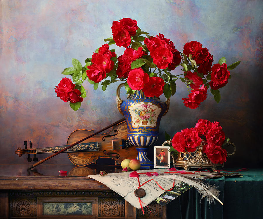 Still Life With Violin And Red Roses #2 Photograph by Andrey Morozov