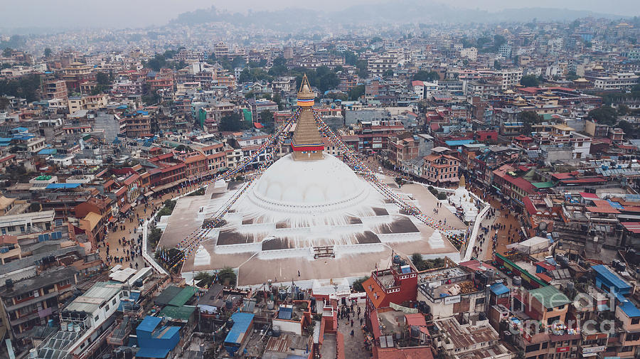 Stupa temple Bodhnath Kathmandu, Nepal from air October 12 2018 #2 Photograph by Raimond Klavins