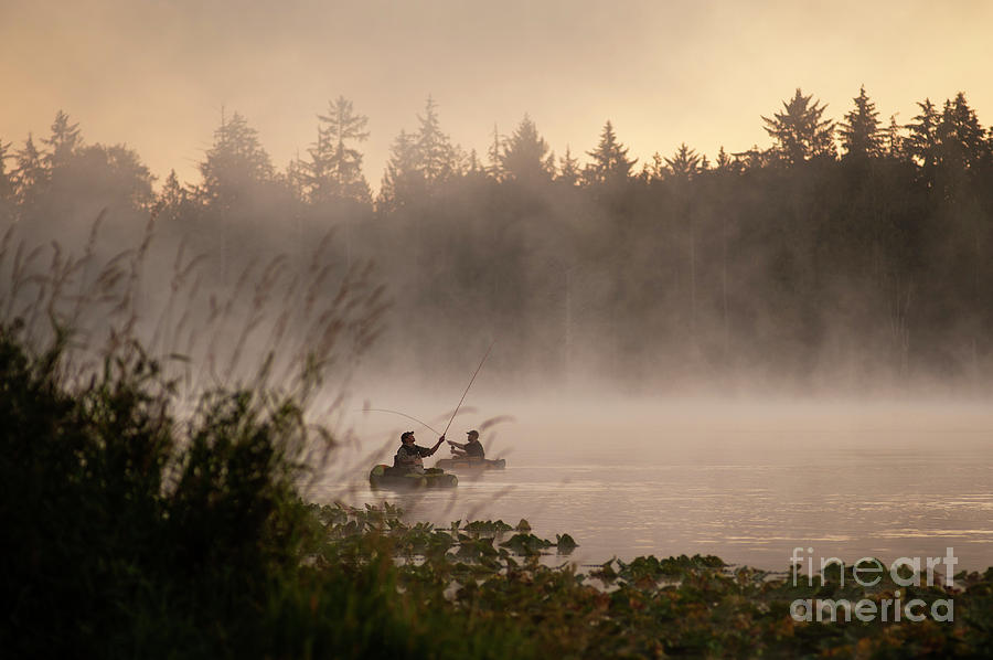 Sunrise on Lake Cassidy with fishermen in fog  #2 Photograph by Jim Corwin