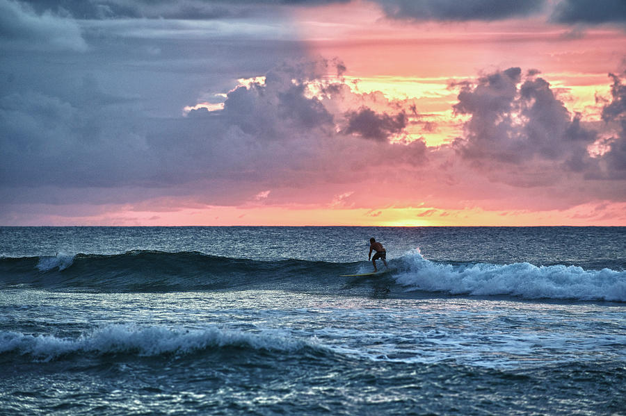 Tranquility Photograph - Surfer At Sunset In Rincon, Puerto Rico by Marc Pa...