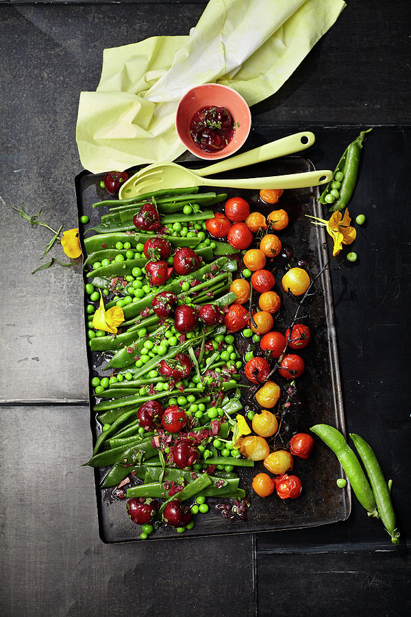 Sweet And Sour Pea Salad With Sweet Cherries And Caramelized Tomatoes #2 Photograph by Ulrike Stockfood Studios / Holsten