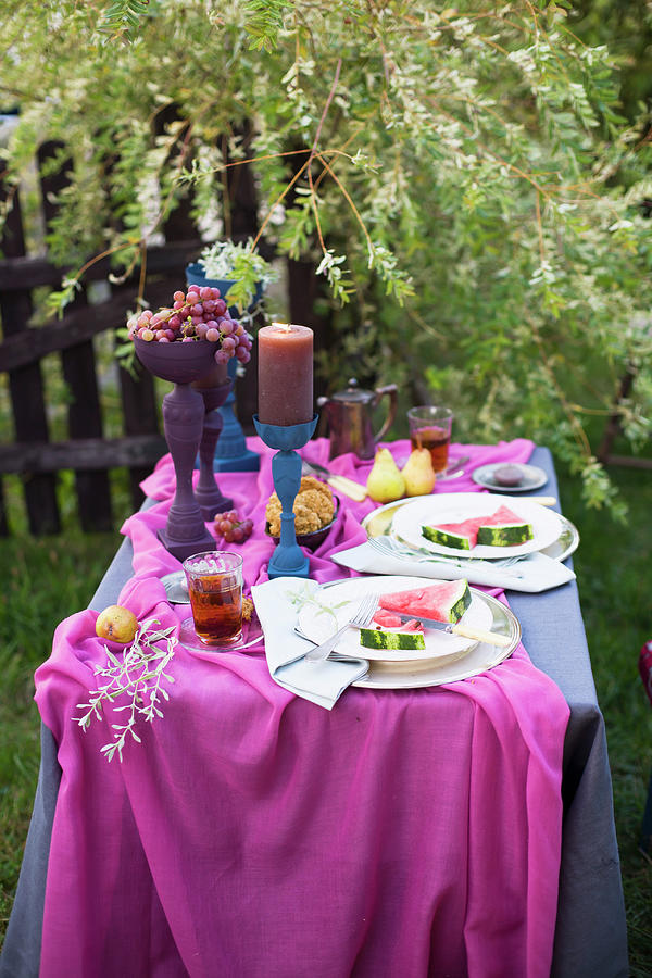 Table Festively Set In Blue And Purple In Garden #2 Photograph by Alicja Koll