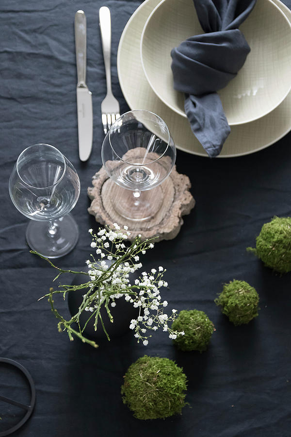 Table Set With Dark Linens, Beige Crockery And Handmade Moss Balls #2 Photograph by Astrid Algermissen