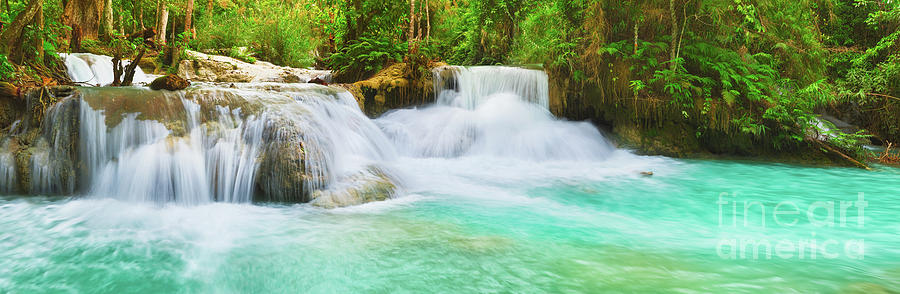 Waterfall Photograph - Tat Kuang Si Waterfalls. Beautiful panorama landscape. Laos. by MotHaiBaPhoto Prints Waterfall Photograph - Tat Kuang Si Waterfalls. Beautiful panorama landscape. Laos. by MotHaiBaPhoto Prints