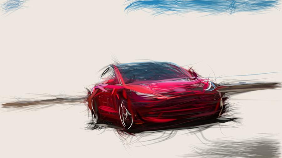 Tesla Model 3 Drawing #3 Digital Art by CarsToon Concept