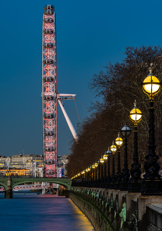 The Beautiful London Eye In England And The Hidden Lions Of Thames River Seen At Blue Hour. Photograph