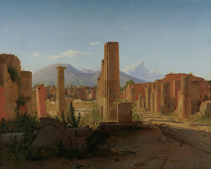 Architecture Painting - The Forum at Pompeii with Vesuvius in the Background #2 by Christen Kobke