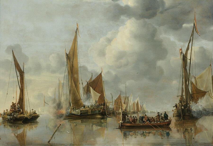 Dutch Painters Painting - The Home Fleet Saluting The State Barge by Jan van de Cappelle Dutch Painters Painting - The Home Fleet Saluting The State Barge by Jan van de Cappelle