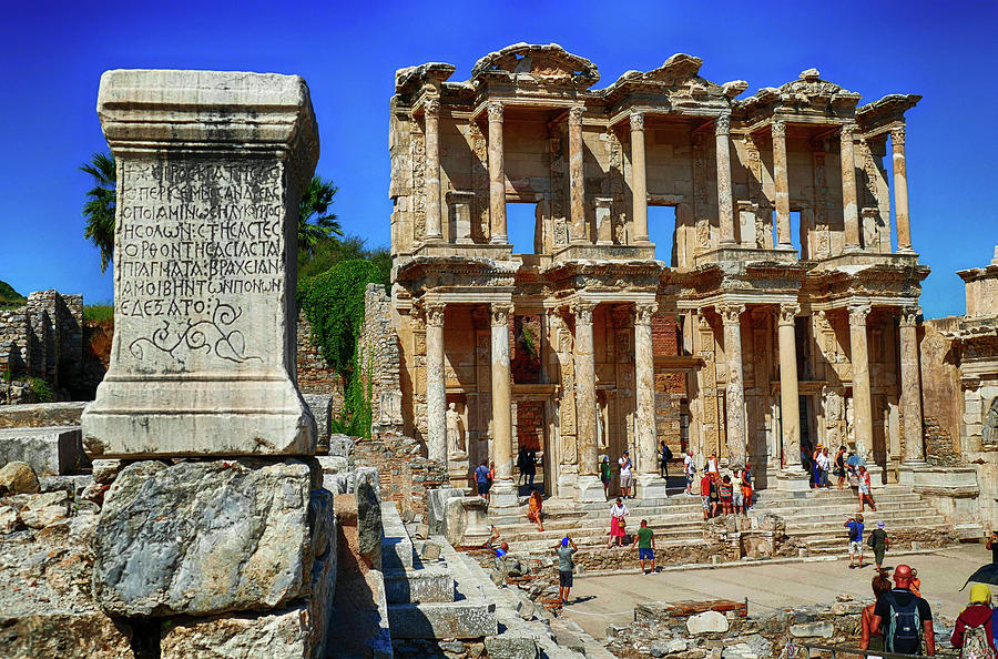 Tourists explore the Library of Celsus   #2 Photograph by Steve Estvanik