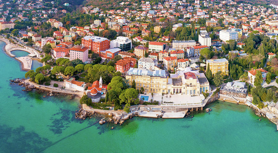 Town of Opatija and Lungomare sea walkway aerial panoramic view #2 Photograph by Brch Photography