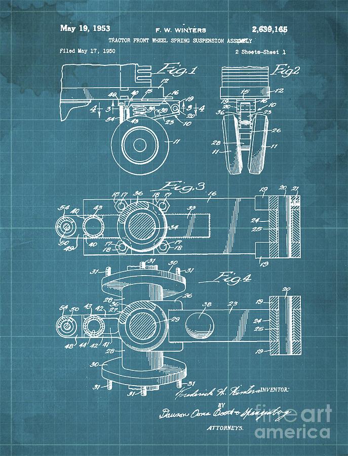 Tractor Drawing - Tractor Front Wheel Spring Suspension Assembly Patent Year 1953 by Drawspots Illustrations Tractor Drawing - Tractor Front Wheel Spring Suspension Assembly Patent Year 1953 by Drawspots Illustrations