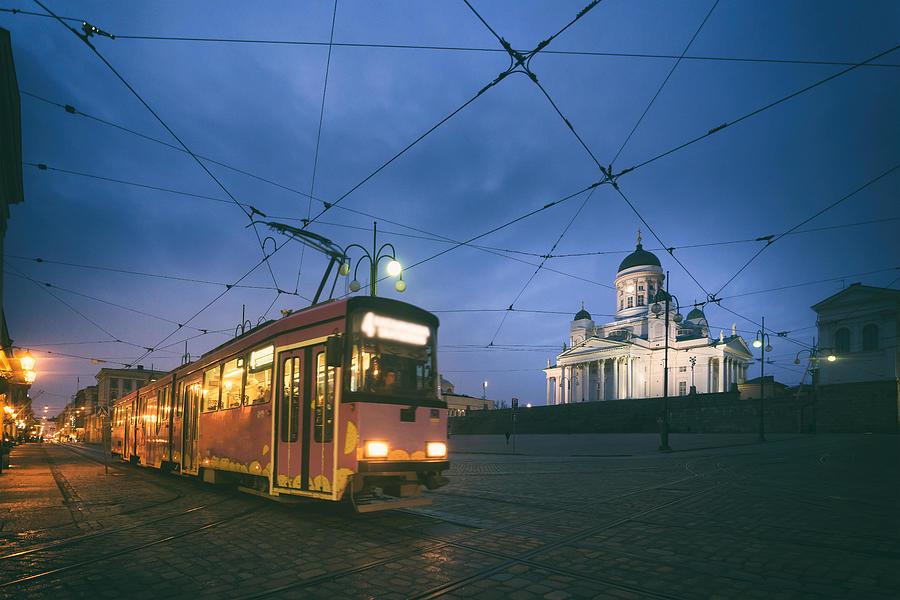 Transportation Photograph - Tram Passing Helsinki Senate Square #2 by Prasit Rodphan