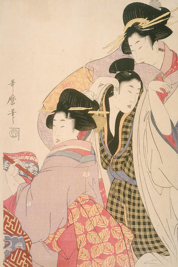 Two Geishas and a Tipsy Client, from circa 1805 Relief by Kitagawa Utamaro