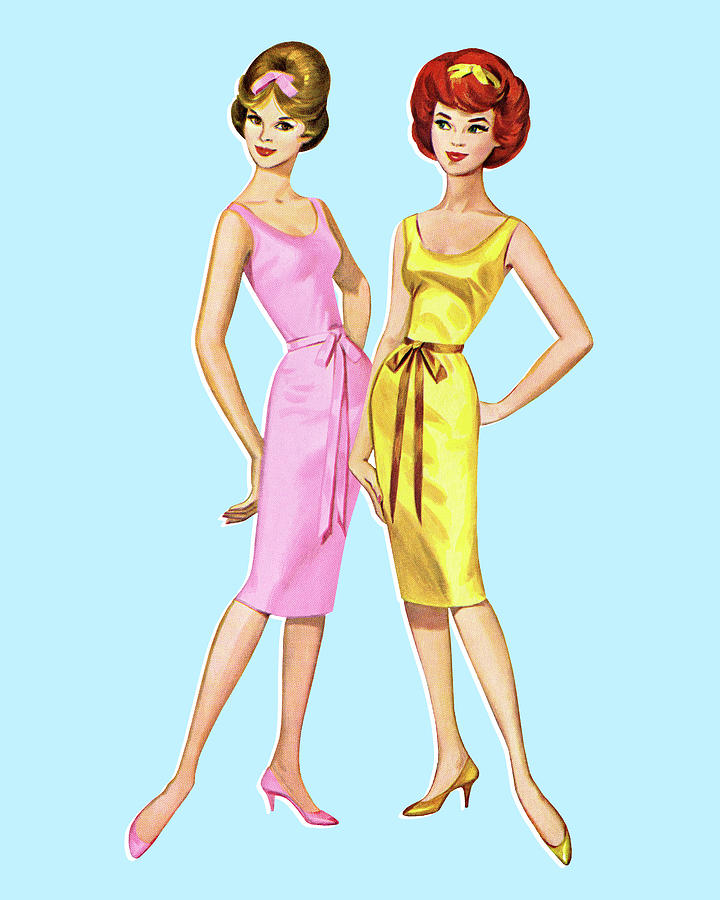 Vintage Drawing - Two Paper Doll Women #2 by CSA Images