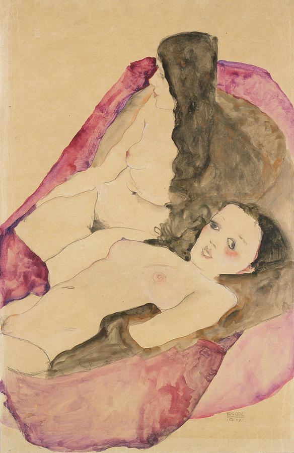 Two Reclining Nudes #4 Drawing by Egon Schiele