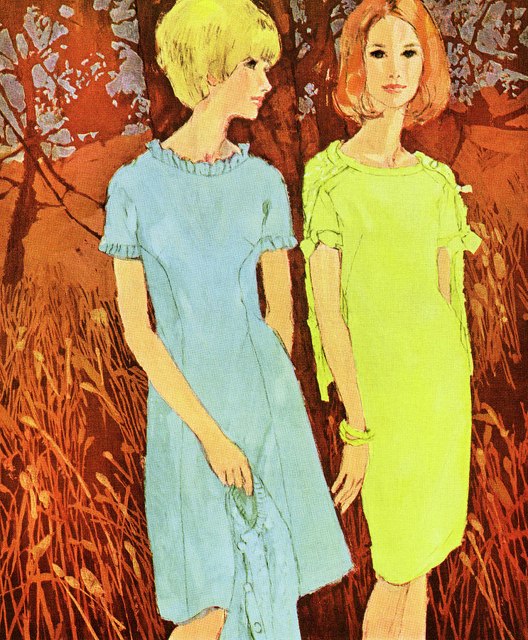 Vintage Drawing - Two Women Wearing Dresses #2 by CSA Images