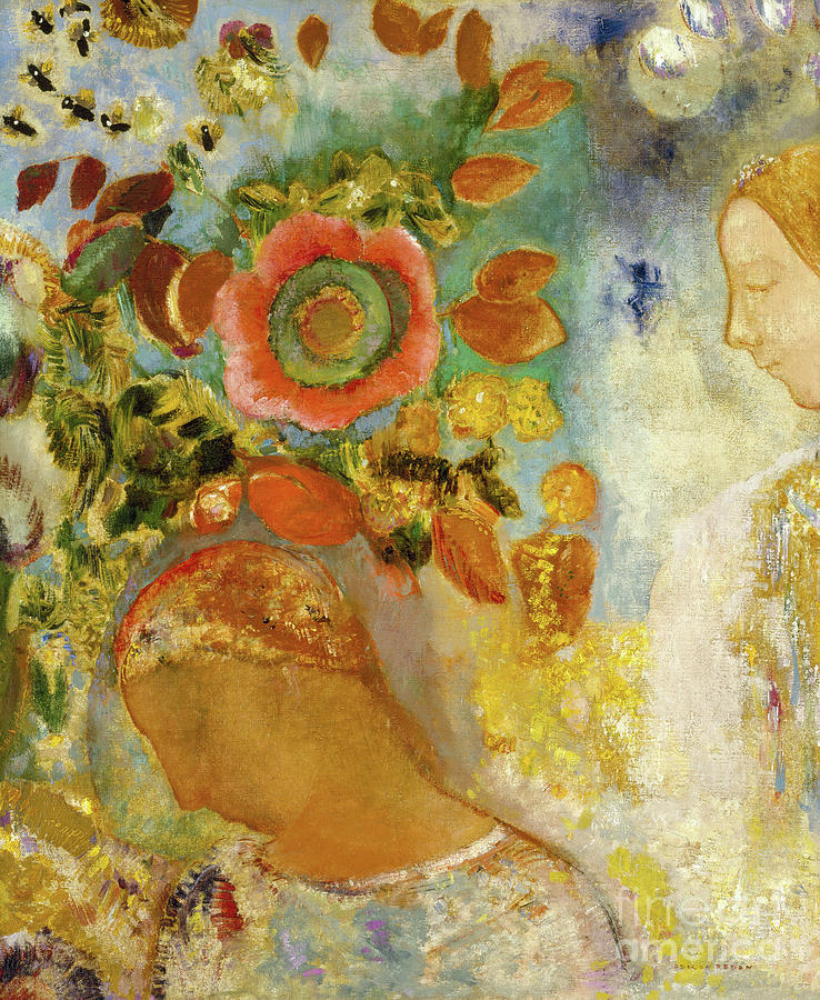 Odilon Redon Painting - Two Young Girls among Flowers, 1912  by Odilon Redon