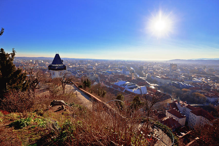 Uhrturm landmark and Graz cityscape aerial view #2 Photograph by Brch Photography