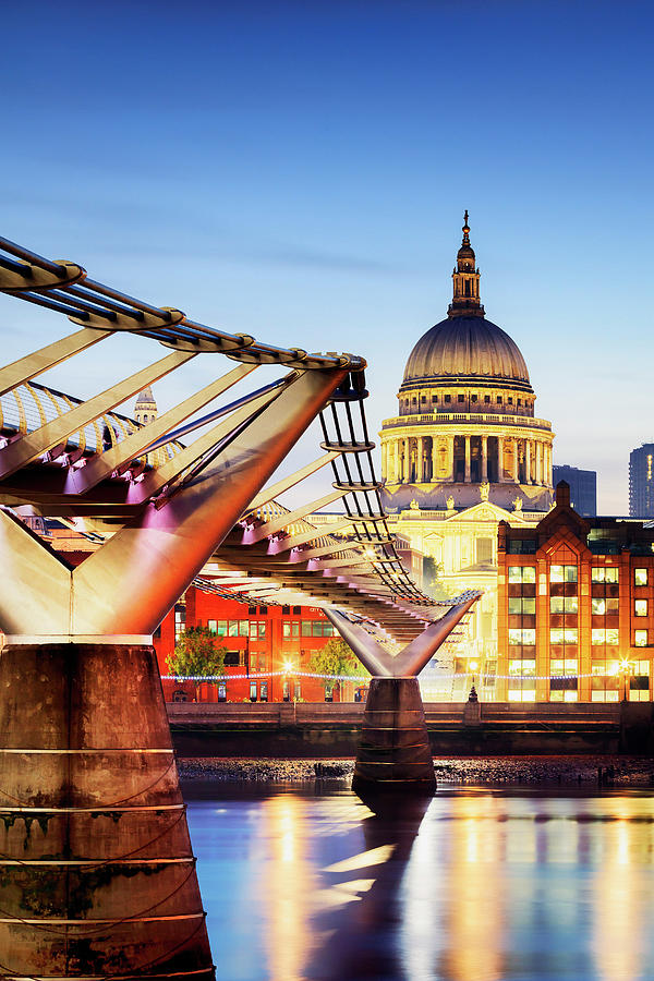 United Kingdom, England, London, Great Britain, Thames, City Of London, Cathedral And Millennium Bridge By Night #2 Digital Art by Maurizio Rellini