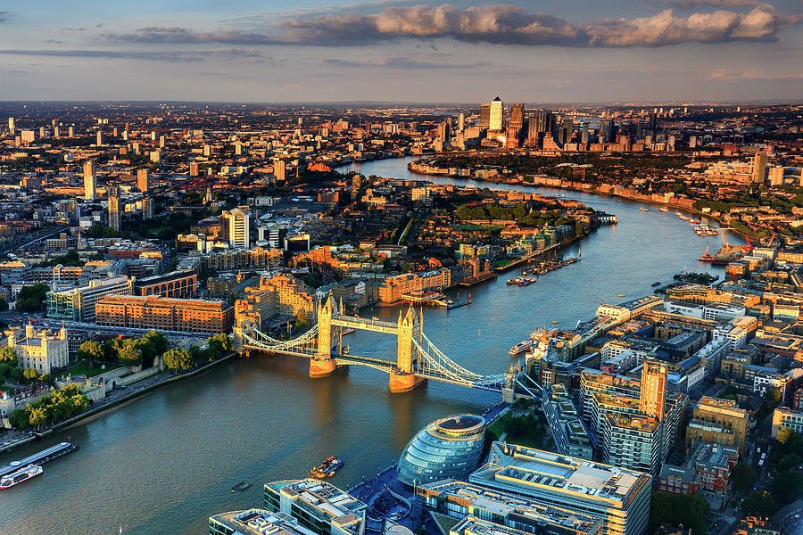 United Kingdom, England, London, Great Britain, Thames, City Of London, Tower Bridge, Aerial View Of The Tower Bridge And Canary Wharf At Sunset #2 Digital Art by Maurizio Rellini