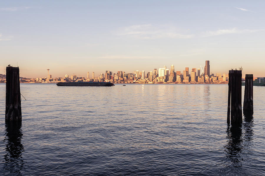 Views Of Elliott Bay, Seattle Bay, With Sunset Light Over The Skyscrapers Of Downtown In The Backgro Photograph