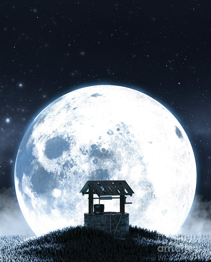 Fantasy Digital Art - Wishing Well And Moon Silhouette #2 by Allan Swart