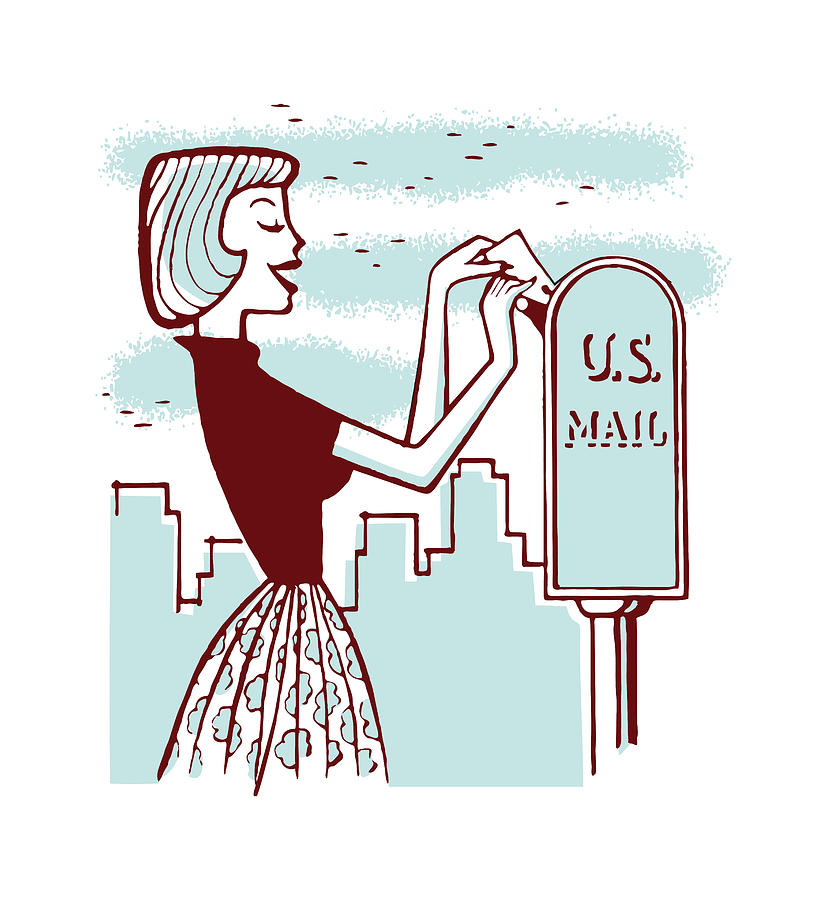 Vintage Drawing - Woman at Mailbox Mailing a Letter #2 by CSA Images