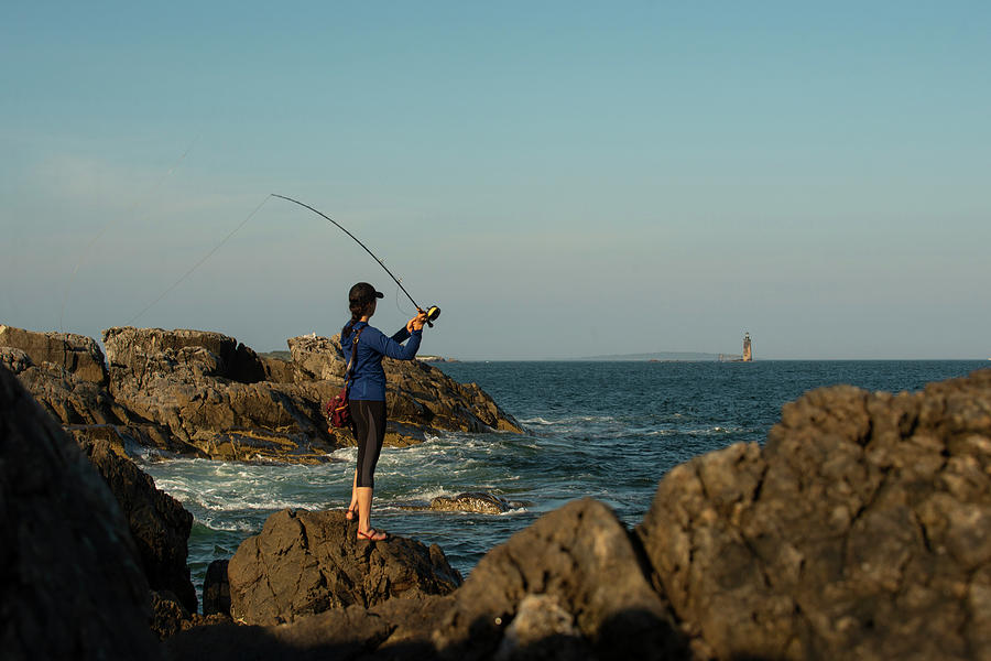 Summer Photograph - Woman Fishing On Coast, Cape Elizabeth #2 by Joe Klementovich