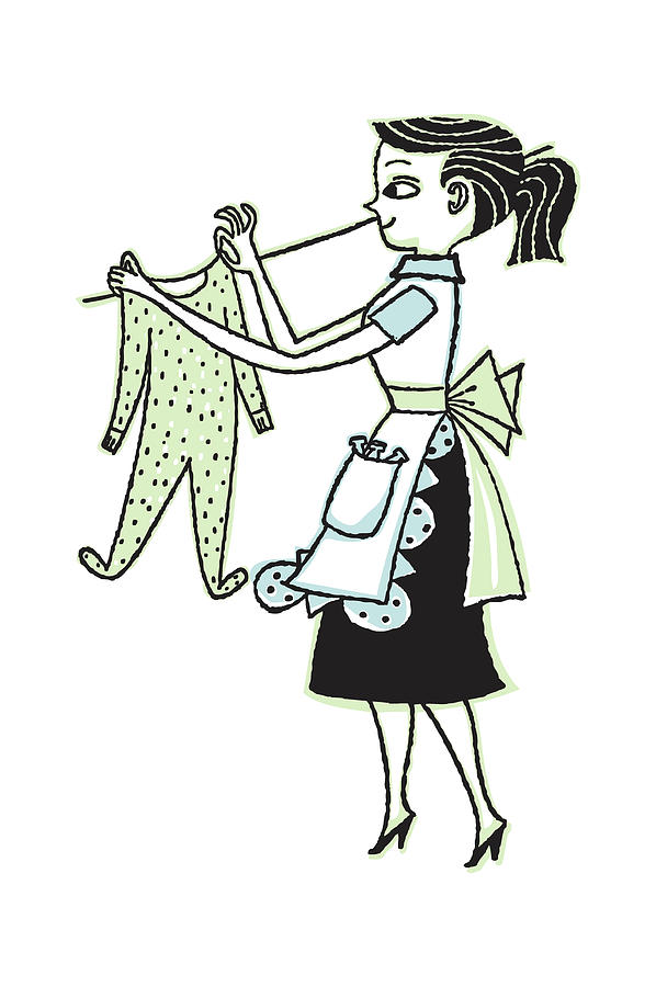 Vintage Drawing - Woman Hanging Laundry on Clothesline #2 by CSA Images