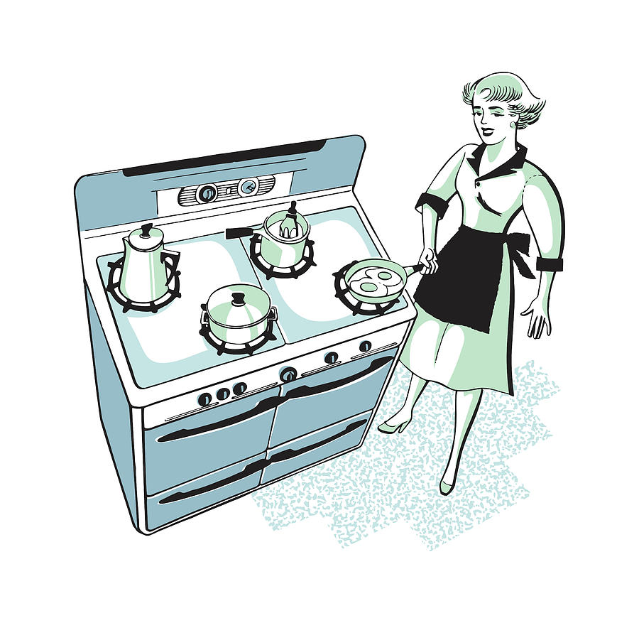Vintage Drawing - Woman in Kitchen, Cooking on Stove #2 by CSA Images