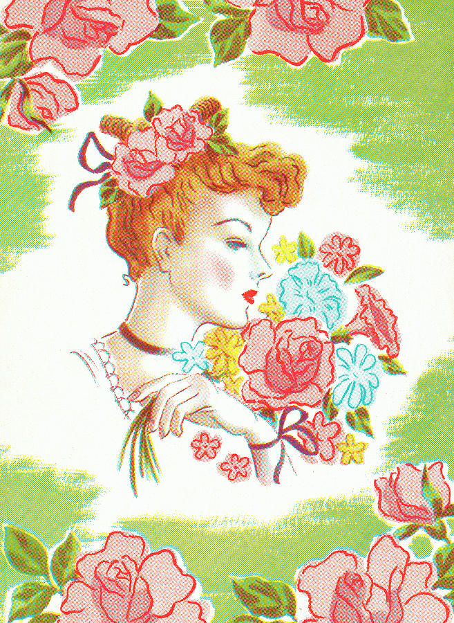 Vintage Drawing - Woman with flowers #2 by CSA Images