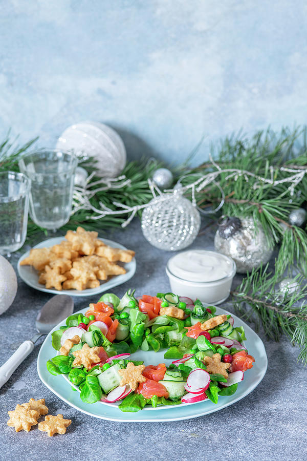 Wreath Salad With Salmon For Christmas #2 Photograph by Irina Meliukh
