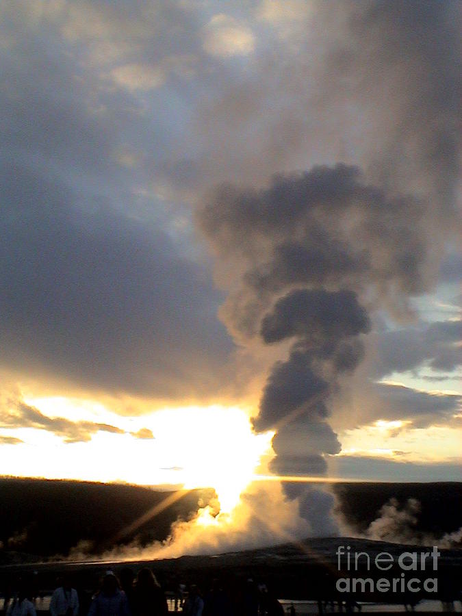 Yellow Stone National Park Old Faithful Geyser At Sunset Vintage Look 2004 #2 Photograph by John Shiron