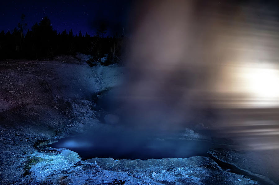 Yellowstone Geysers Erupting At Night Illuminated By Light #2 Photograph by Alex Grichenko