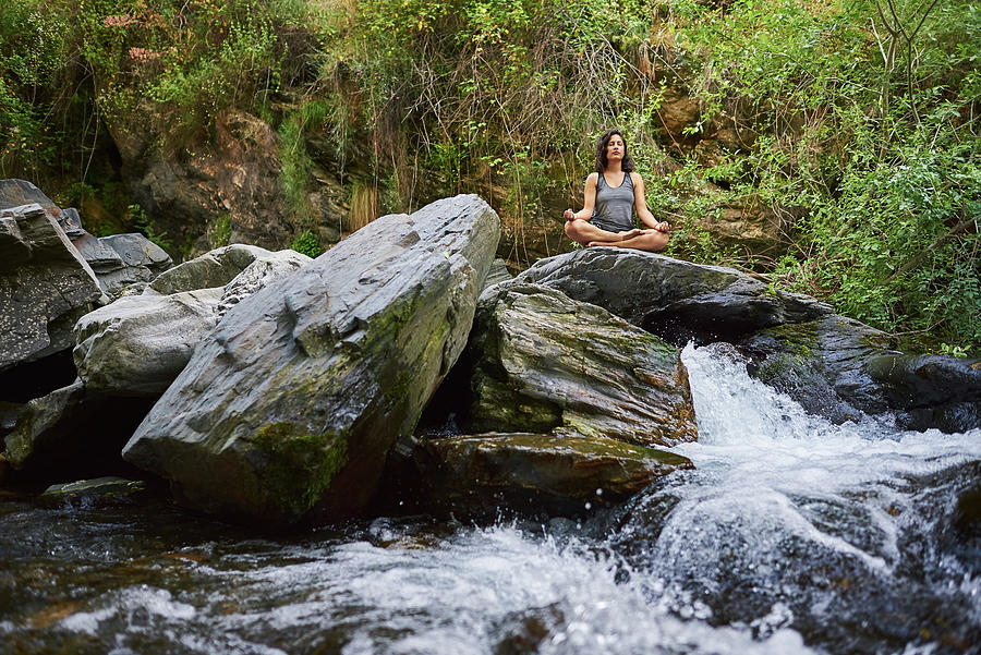 Nature Photograph - Young Woman Practicing Yoga In A River. Shes In The Middle Of Nature. #2 by Cavan Images